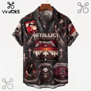 Metallica short-sleeve button-down shirt featuring Master of Puppets, Kill 'Em All, and band member graphics on black.!