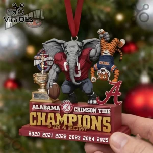 Alabama Crimson Tide Champions Hanging Christmas Ornament featuring an elephant mascot lifting a tiger, trophy, and years.