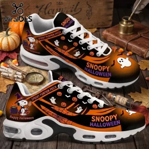 Snoopy Halloween athletic sneakers with black and orange pumpkin patch ghost patterns on a wooden surface.!