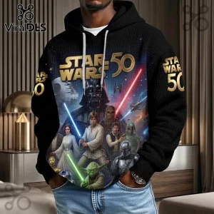 Star Wars 50th Anniversary Black Waffle Hoodie featuring Darth Vader, Luke Skywalker, and galaxy-themed character print.
