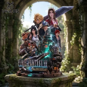 Final Fantasy VII 30th Anniversary resin statue featuring Cloud, Aerith, Tifa, and team on a neon green industrial base.!