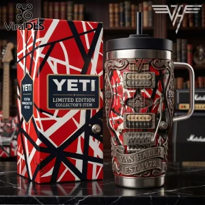 Van Halen Frankenstrat 40oz Handle Tumbler featuring red, white, and black striped guitar body finish with a metal handle.
