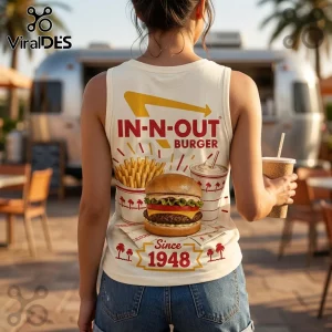 In-N-Out Burger Vintage 1948 Logo V-Neck Tank Top on a person wearing denim shorts with a burger and fries print graphic.