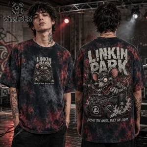 Linkin Park tie-dye t-shirt with red and black marble pattern featuring a rat driving a hot rod graphic and logo text.!