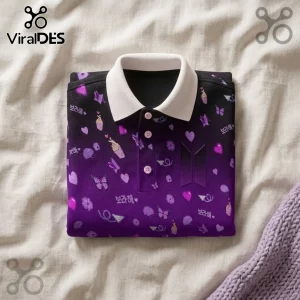 BTS Purple Pattern Personalized Polo Shirt featuring a gradient purple fabric with Korean text, hearts, and butterfly icons.