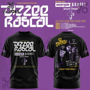 Black cotton t-shirt featuring Dizzee Rascal 2026 tour graphics, text, and grime artist imagery on front and back.!