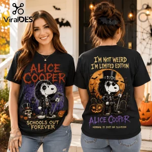 Snoopy x Alice Cooper Halloween black t-shirt featuring front and back graphics of Snoopy dressed as the rock legend.