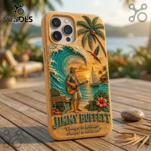 Jimmy Buffett Margaritaville embossed textured phone case featuring a beach scene with a guitarist, wave, and sunset.