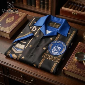 Phi Beta Sigma short-sleeve button-down shirt with black fabric, blue collar, Greek symbols, stars, and fraternity crest.!