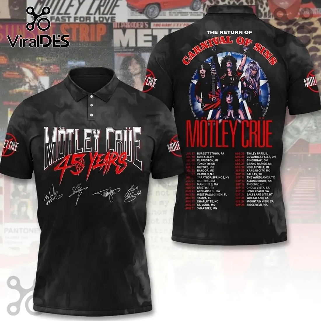 Motley Crue 45 Years Tour 2026 Black Polo Shirt Motley Crue 45 Years Tour 2026 Black Polo Shirt