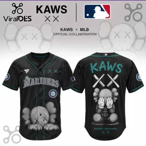 Seattle Mariners baseball jersey featuring KAWS graphic, black fabric with teal trim, XX eye motifs, and MLB logo patch.!