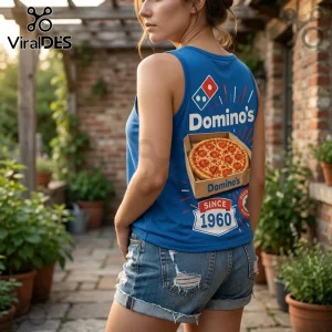 Domino's Pizza Since 1960 V-Neck Tank Top in blue worn by a woman featuring a graphic of a pepperoni pizza box.