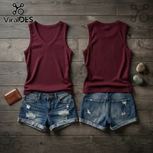 Dr Pepper 141st Anniversary V-Neck Tank Top in maroon ribbed fabric laid flat with denim distressed shorts on wood.