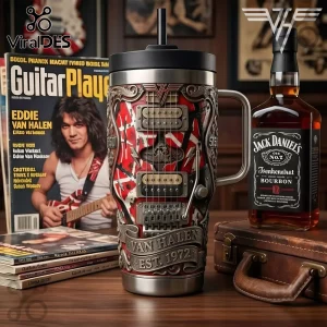 Van Halen Frankenstrat 40oz Handle Tumbler featuring iconic red, white, and black striped guitar body design with metal trim.
