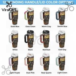 Twelve KISS band travel tumblers with straws and varied colored handles arranged in a grid with label text underneath each.!