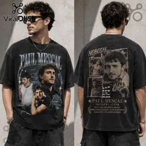 Paul Mescal Actor Retro Black T-Shirt featuring collage photo prints, vintage typography, and distressed fabric finish.