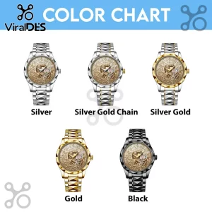 Five Elvis Presley analog wristwatches in silver, silver-gold chain, silver-gold, gold, and black metal finishes.!