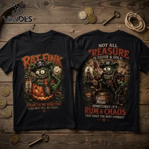 Rat Fink Haunted Treasure Captain Morgan T-Shirt featuring a green monster character, rum bottle, and pirate graphics.