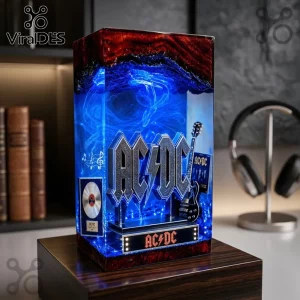 AC/DC resin art lamp featuring a glowing blue light core, band logo, miniature guitar, and platinum record on wood base.!