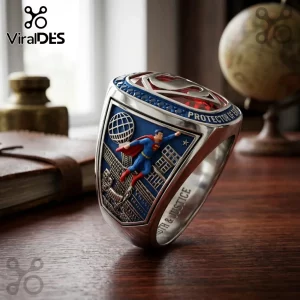 Superman Protector of Earth Engraved Ring featuring a colored Superman figure, cityscape, and globe on a silver band.