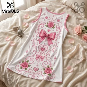 White sleeveless tank dress with pink rose, heart, and ribbon illustrations on a cream bedding background.!