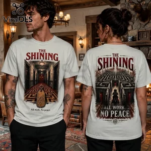 Off-white t-shirt featuring The Shining graphics, Room 237 key tag on front and Danny on tricycle in hedge maze on back.!