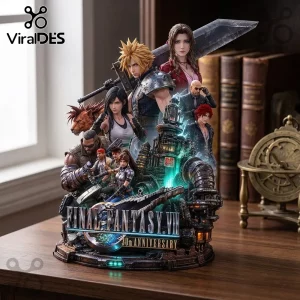 Final Fantasy VII 30th Anniversary resin statue featuring Cloud, Aerith, Tifa, and team members on a detailed base.!