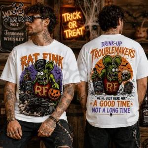 Rat Fink Drink Up Troublemakers Halloween T-Shirt showing front and back graphic prints of green rat character with whiskey.