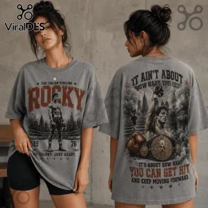 Grey vintage-wash t-shirt with Rocky Balboa graphic. Front text: The Italian Stallion Rocky. Back text: Rocky quote.!