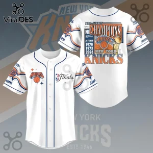 New York Knicks white baseball jersey with blue trim featuring 2026 Finals Champions graphics and Larry O'Brien trophy.!