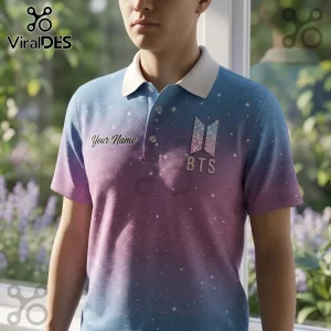 BTS Gradient Galaxy Custom Name Polo Shirt featuring blue and purple star pattern fabric with white collar and logo.