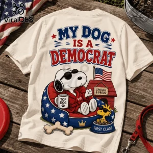Off-white t-shirt with Snoopy wearing sunglasses, red robe, and VIP text sitting in a star-patterned dog bed with text.!