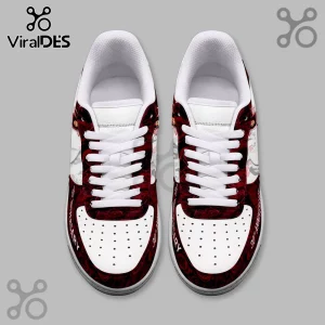White leather sneakers with dark red rose patterns and 30th Anniversary text on the outer toe side.!