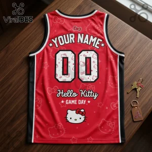 Hello Kitty x Atlanta Dream red basketball jersey featuring a custom name, number 00, and a white Hello Kitty graphic.