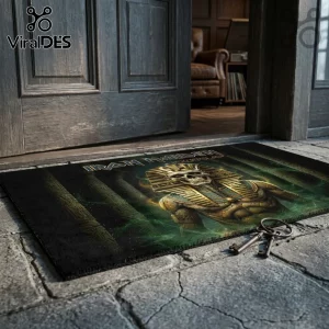 Iron Maiden Powerslave Egyptian Mummy area rug featuring a pharaoh skull design in green and gold on a dark background.