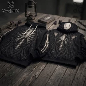 No Face Kaonashi Skeleton Streetwear Hoodie with detailed ribcage print on black cotton fabric on rustic wood surface.
