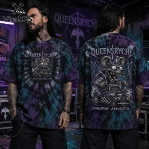 Queensrÿche Mindstorm Revolution tie-dye graphic t-shirt featuring a cartoon rat in a hot rod on purple and black fabric.!