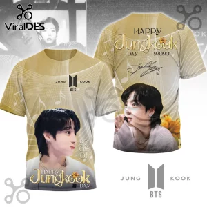 BTS Jungkook Gold Portrait Pullover Hoodie featuring front and back views with musical notes, date 970901, and autograph.
