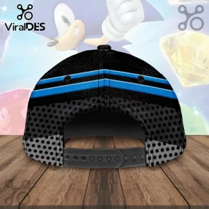 Sonic the Hedgehog themed baseball cap with blue stripes and black polka dot pattern on a grey background snapback.!