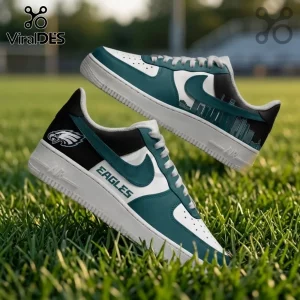 Philadelphia Eagles Skyline Custom Air Force 1 Sneakers in team colors featuring an eagle logo and city silhouette.