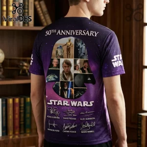 Star Wars 50th anniversary purple t-shirt with collage of film characters and printed actor signatures on the back.!