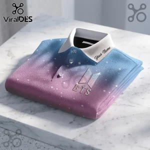 BTS Gradient Galaxy Custom Name Polo Shirt featuring a blue and purple cosmic print with a white collar and BTS logo.