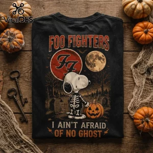 Foo Fighters x Snoopy Halloween Black T-Shirt featuring a skeleton costume Snoopy, a full moon, and text on cotton.