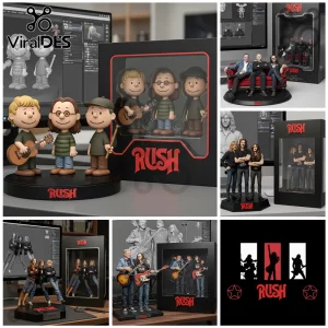 Rush band collectible figurines featuring Peanuts-style character trio on a black base with red Rush logo text.!