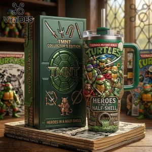 Green stainless steel TMNT tumbler with straw, featuring Leonardo, Donatello, Michelangelo, Raphael, and Splinter graphics.!