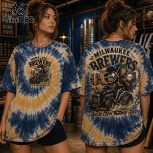 Blue and gold tie-dye t-shirt featuring a cartoon rat holding a beer and baseball in a hot rod, Milwaukee Brewers text.!