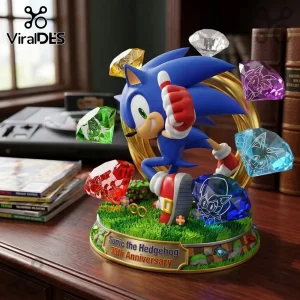 Sonic the Hedgehog 35th Anniversary PVC statue featuring Sonic with six floating Chaos Emeralds on a grass base.!