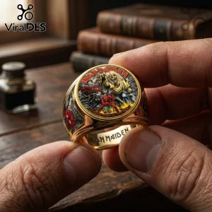 Gold signet ring featuring Iron Maiden Number of the Beast album art, Eddie mascot, and engraved inner band text.!