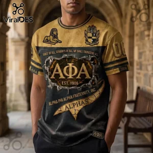 Alpha Phi Alpha fraternity t-shirt in black and gold featuring sphinx, crest, greek letters, and 1906 establishment date.!