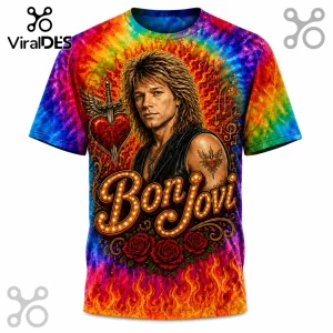 Bon Jovi graphic t-shirt with tie-dye background, featuring a portrait of Jon Bon Jovi, heart-dagger, and red roses.!